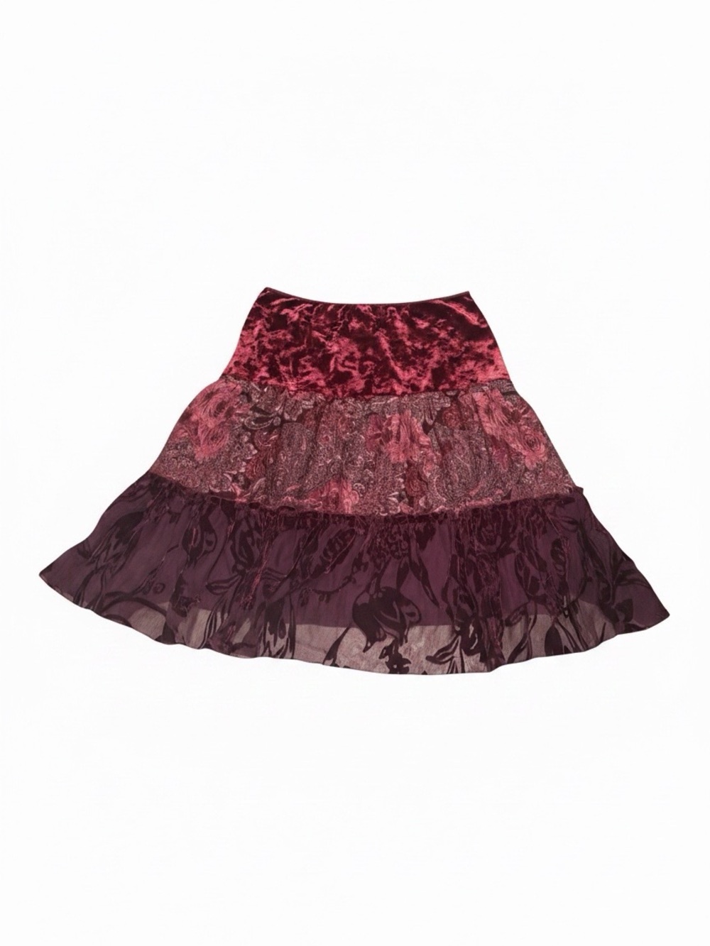 Y2K speecklers Tiered Burgundy Velvet & Chiffon A-Line Skirt